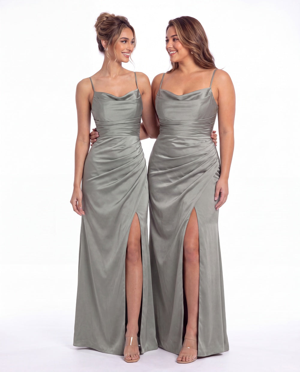 Spaghetti Strap Cowl Neck Satin Slit Maxi Gown - Detail View 4