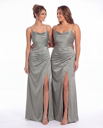 Spaghetti Strap Cowl Neck Satin Slit Maxi Gown - Detail View 4