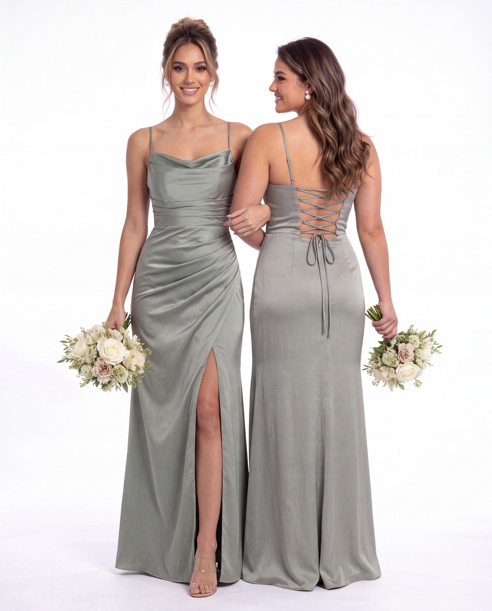 Spaghetti Strap Cowl Neck Satin Slit Maxi Gown - Detail View 5
