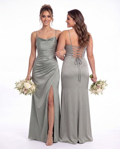 Spaghetti Strap Cowl Neck Satin Slit Maxi Gown - Detail View 5