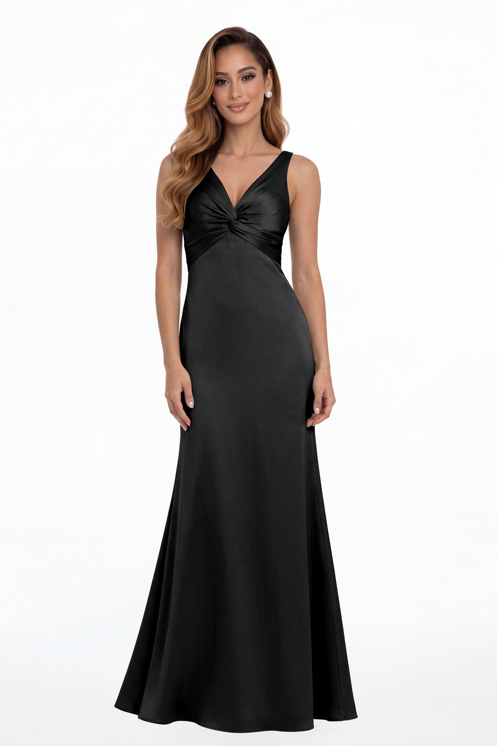 Black V Neck Twist Satin A Line Maxi Gown - Front View