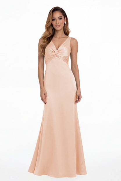 Blush Pink V Neck Twist Satin A Line Maxi Gown - Front View