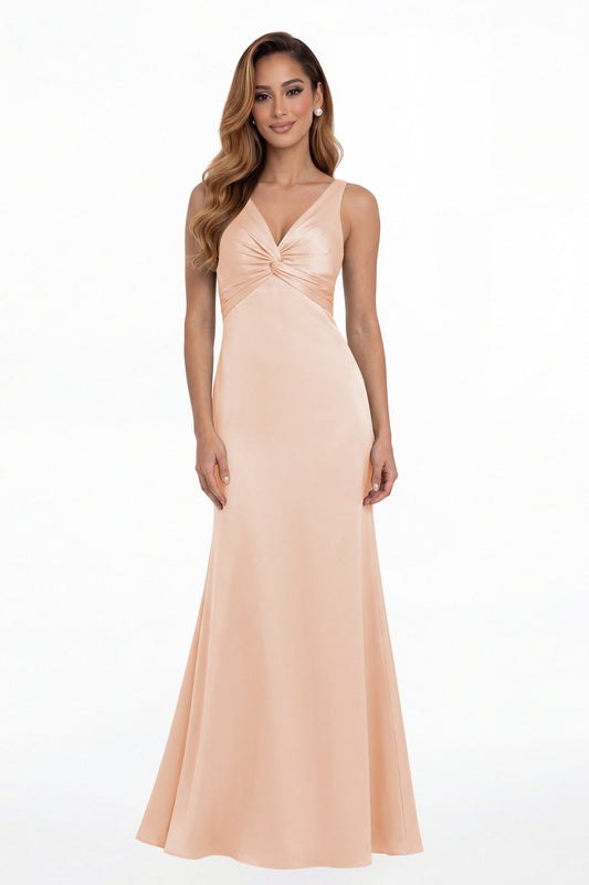 Blush Pink V Neck Twist Satin A Line Maxi Gown - Front View