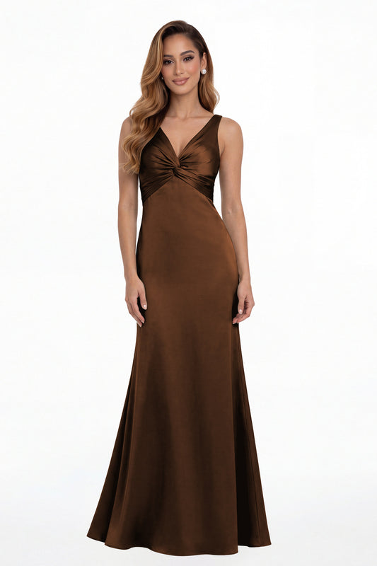 Brown V Neck Twist Satin A Line Maxi Gown - Front View