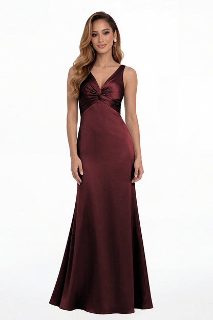 Burgundy V Neck Twist Satin A Line Maxi Gown - Front View
