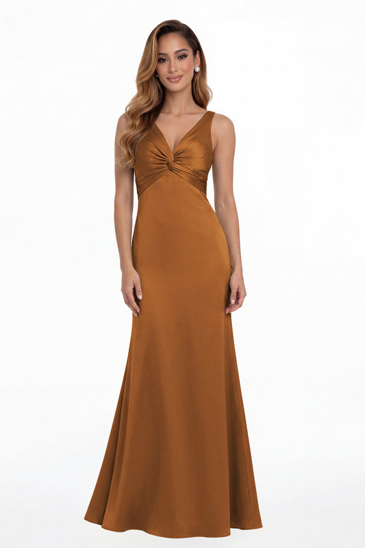 Burnt Orange V Neck Twist Satin A Line Maxi Gown - Front View