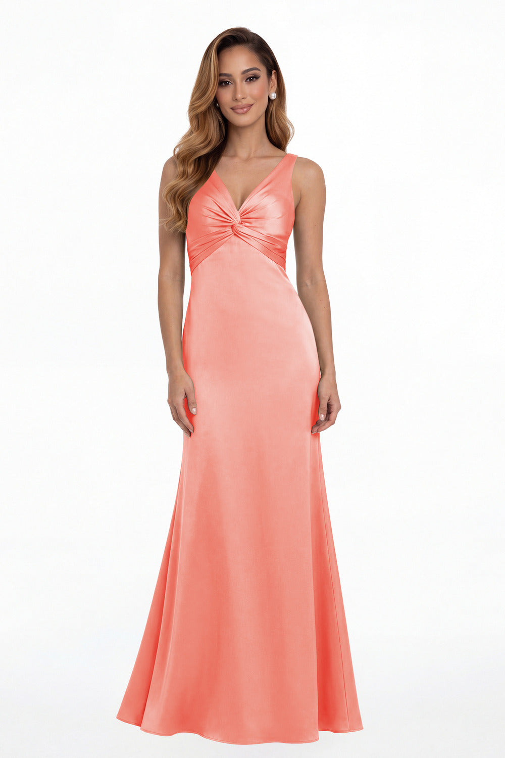 Coral V Neck Twist Satin A Line Maxi Gown - Front View