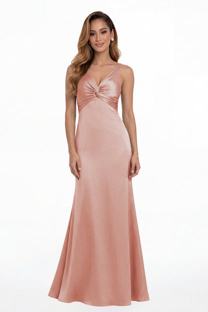 Dusty Rose V Neck Twist Satin A Line Maxi Gown - Front View