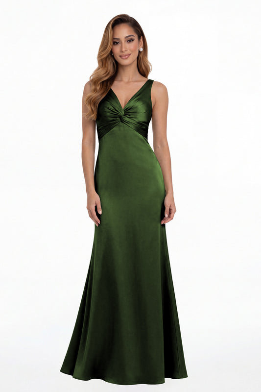 Emerald Green V Neck Twist Satin A Line Maxi Gown - Front View