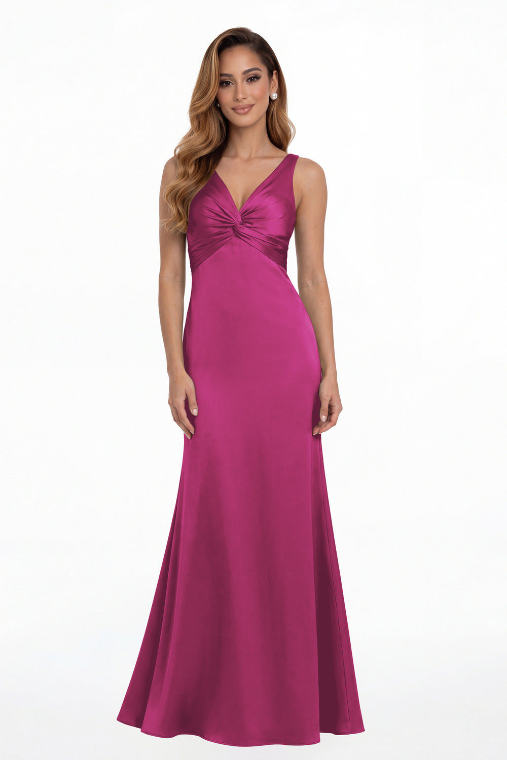 Fuchsia V Neck Twist Satin A Line Maxi Gown - Front View