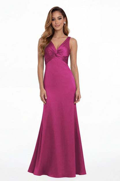 Fuchsia V Neck Twist Satin A Line Maxi Gown - Front View