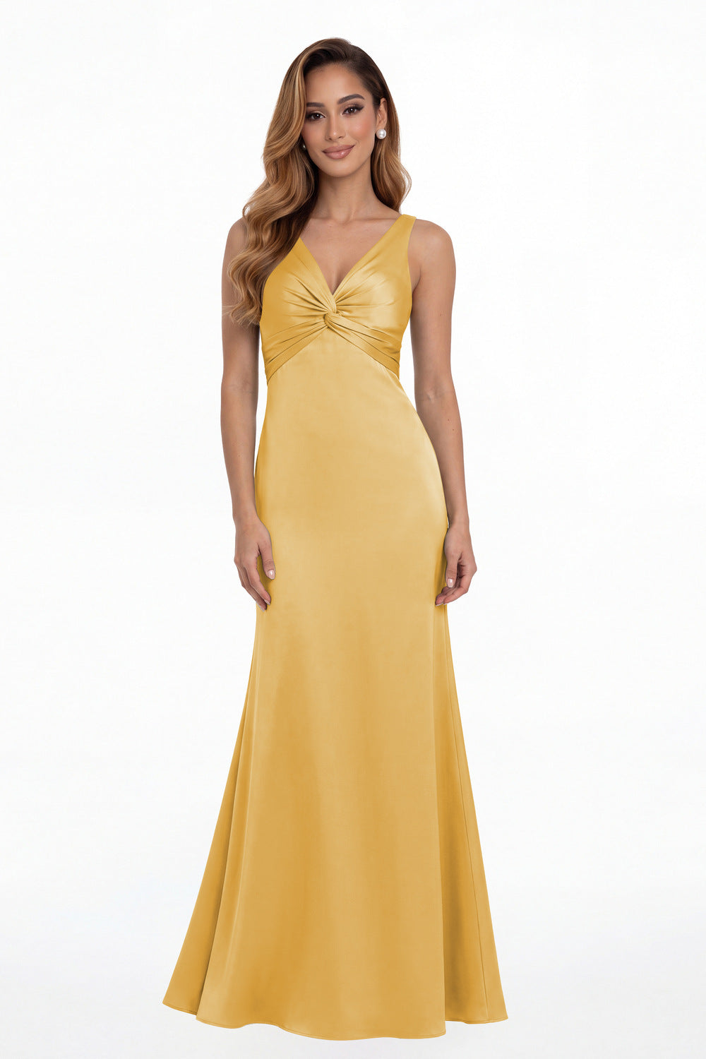 Gold V Neck Twist Satin A Line Maxi Gown - Front View