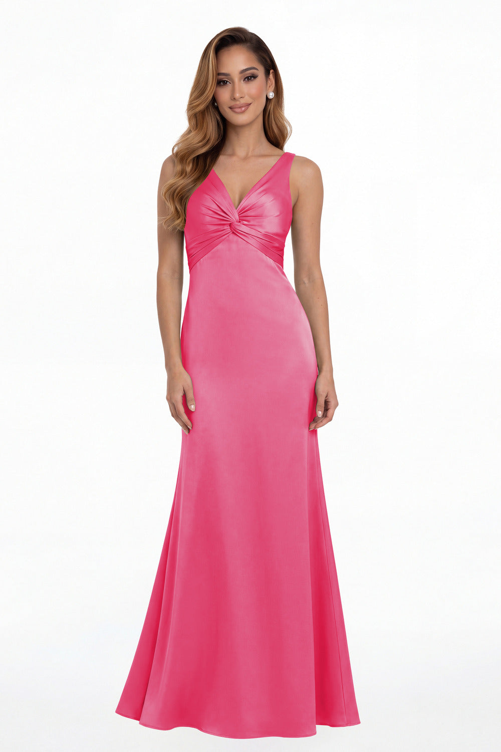 Hot Pink V Neck Twist Satin A Line Maxi Gown - Front View