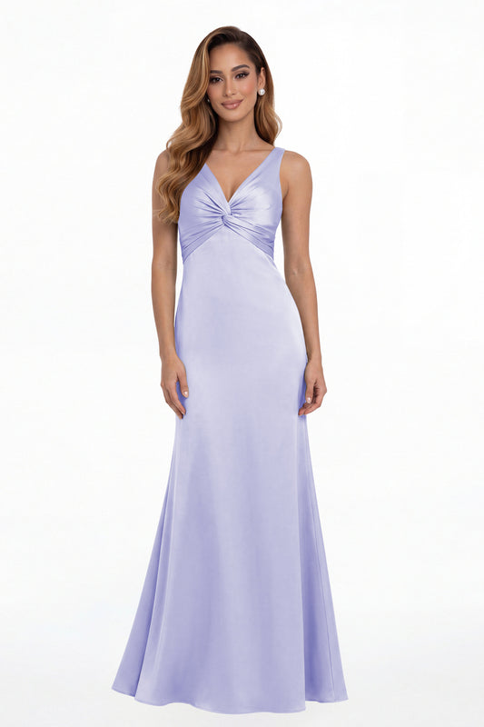 Lavender V Neck Twist Satin A Line Maxi Gown - Front View