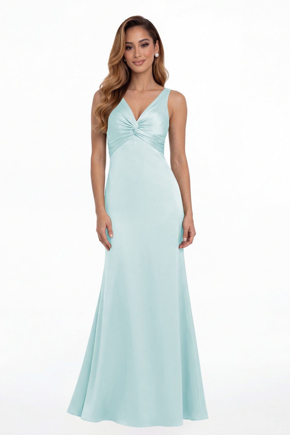 Light Blue V Neck Twist Satin A Line Maxi Gown - Front View