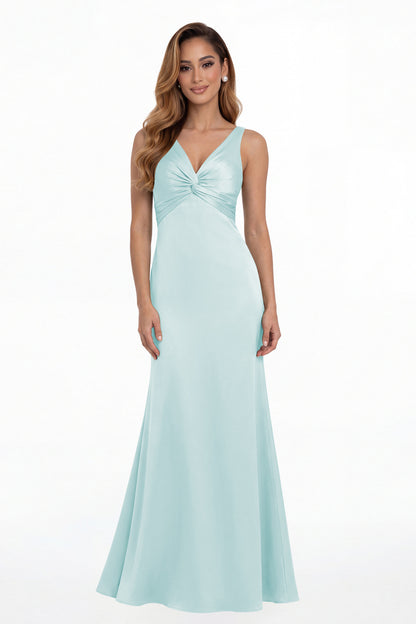 Light Blue V Neck Twist Satin A Line Maxi Gown - Front View