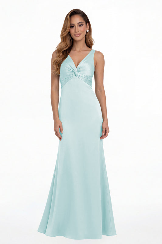 Light Blue V Neck Twist Satin A Line Maxi Gown - Front View