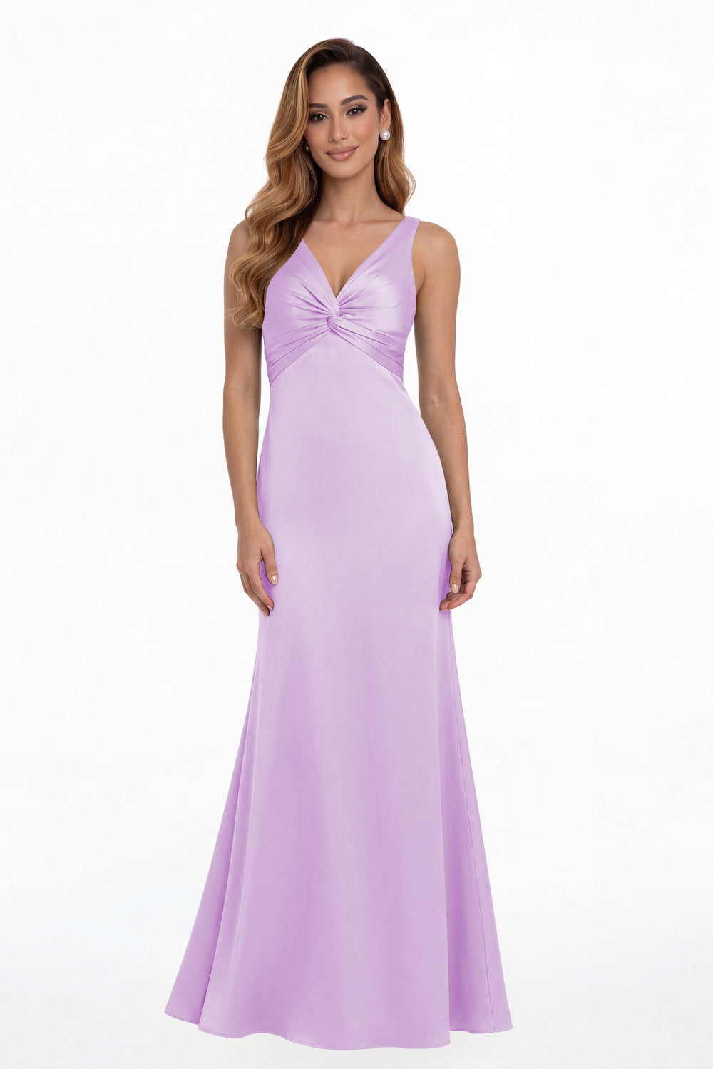 Lilac V Neck Twist Satin A Line Maxi Gown - Front View