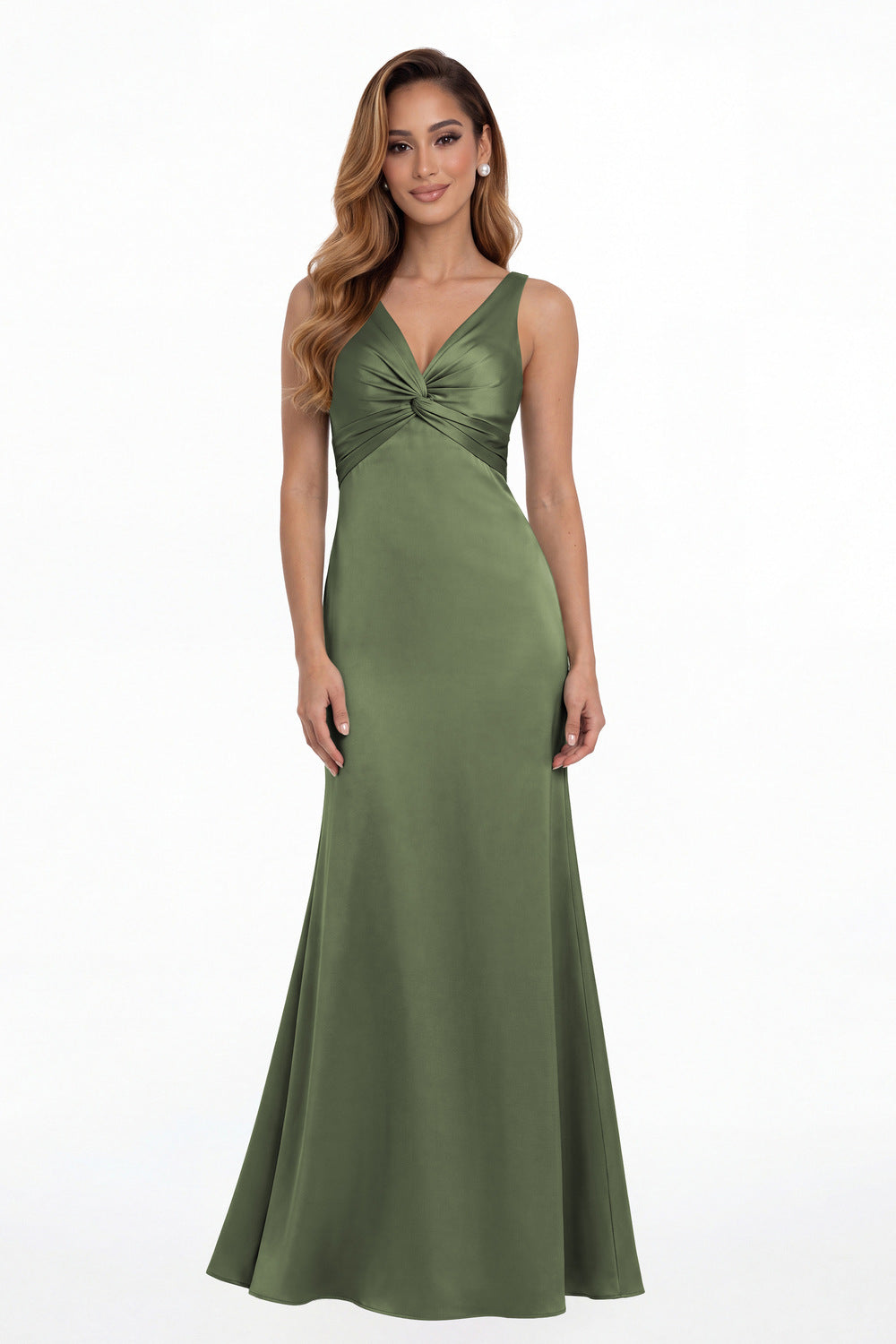 Moss Green V Neck Twist Satin A Line Maxi Gown - Front View