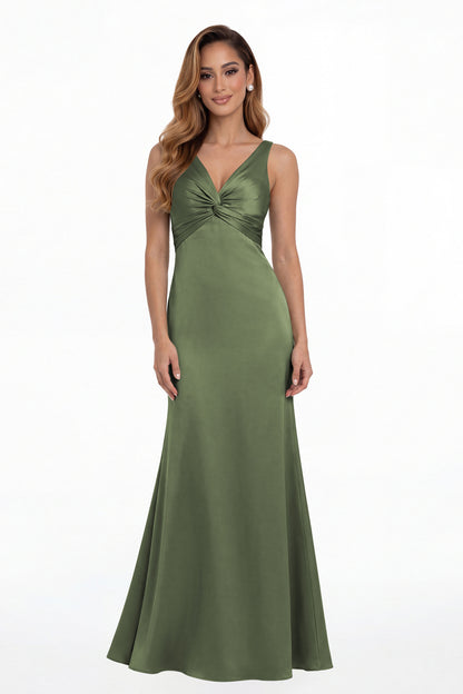 Moss Green V Neck Twist Satin A Line Maxi Gown - Front View