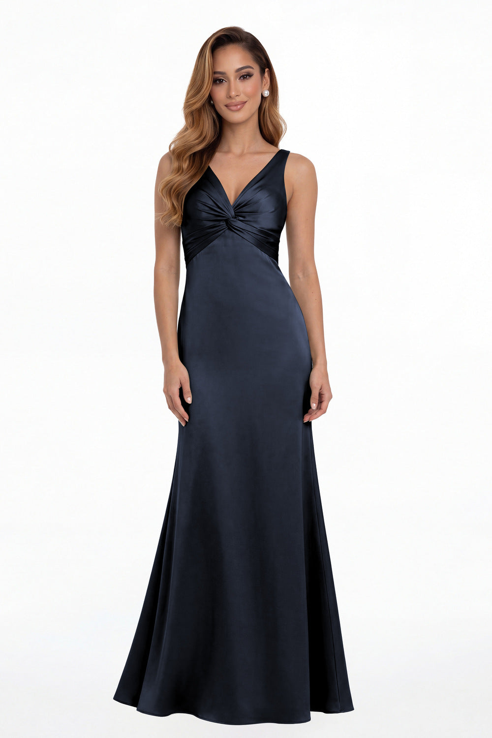 Navy Blue V Neck Twist Satin A Line Maxi Gown - Front View