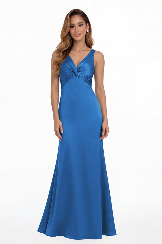 Ocean Blue V Neck Twist Satin A Line Maxi Gown - Front View