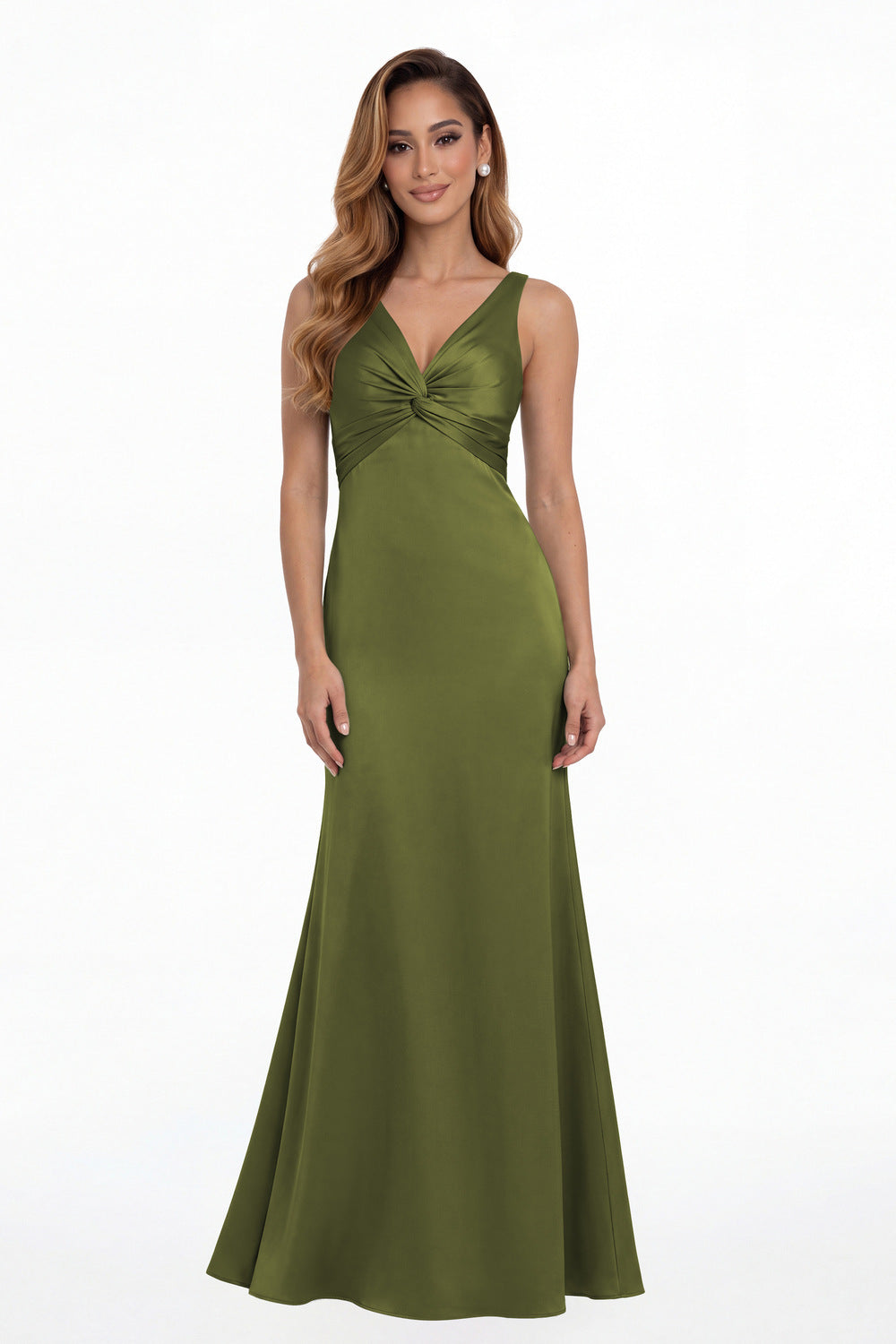 Olive Green V Neck Twist Satin A Line Maxi Gown - Front View