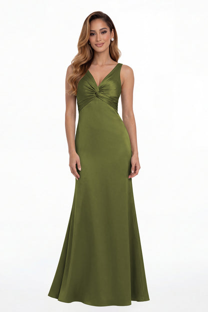Olive Green V Neck Twist Satin A Line Maxi Gown - Front View