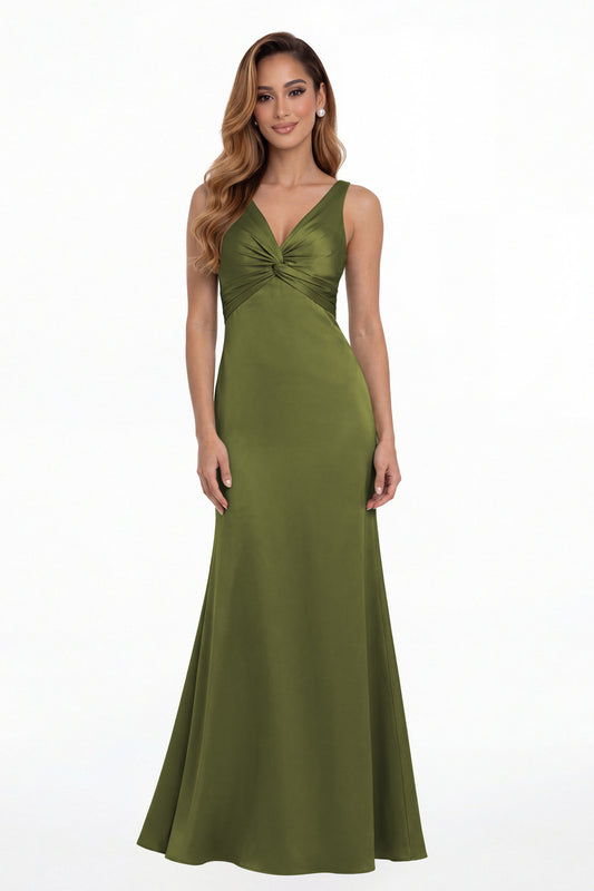 Olive Green V Neck Twist Satin A Line Maxi Gown - Front View