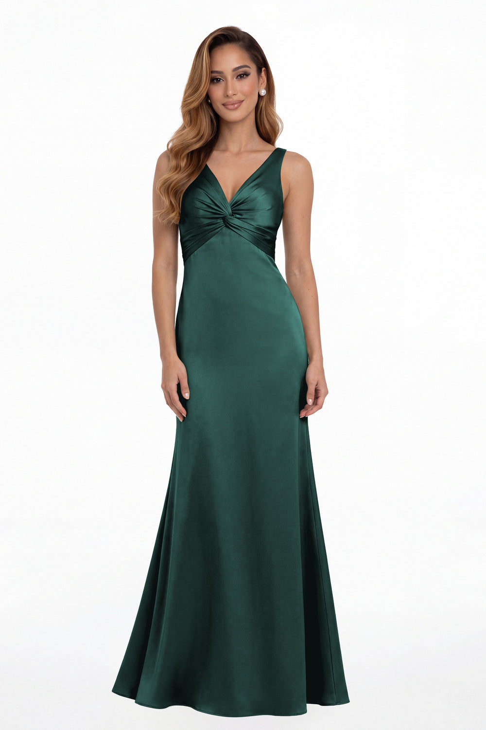 Peacock V Neck Twist Satin A Line Maxi Gown - Front View