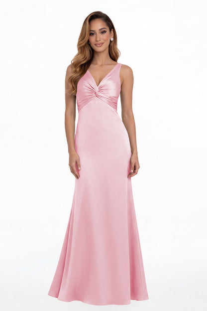 Pink V Neck Twist Satin A Line Maxi Gown - Front View