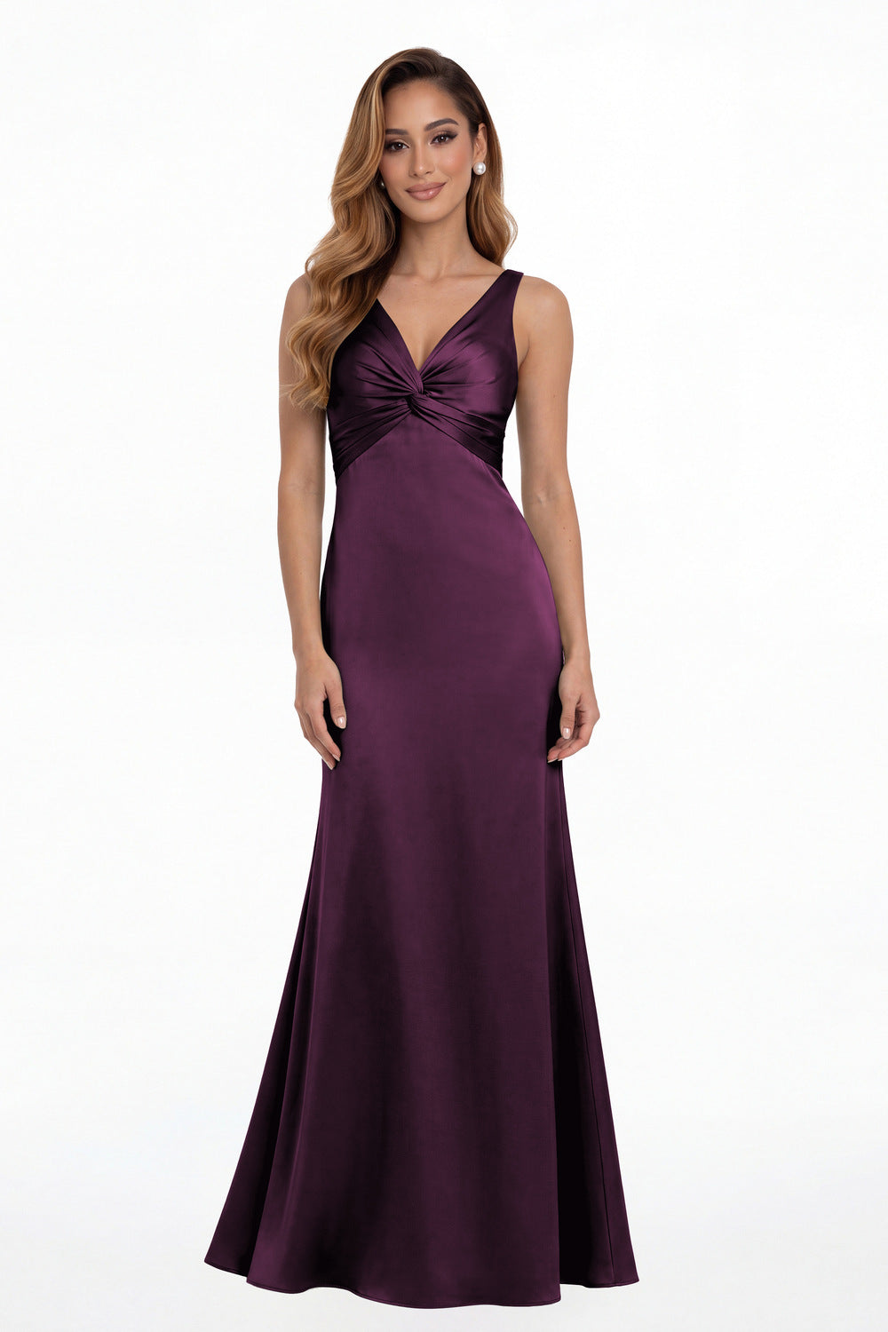 Plum V Neck Twist Satin A Line Maxi Gown - Front View