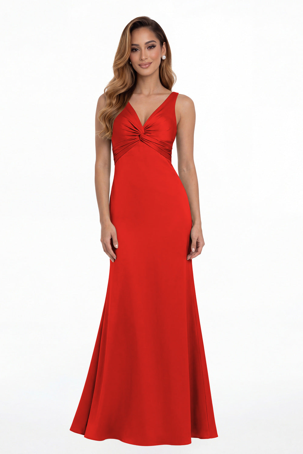 Red V Neck Twist Satin A Line Maxi Gown - Front View