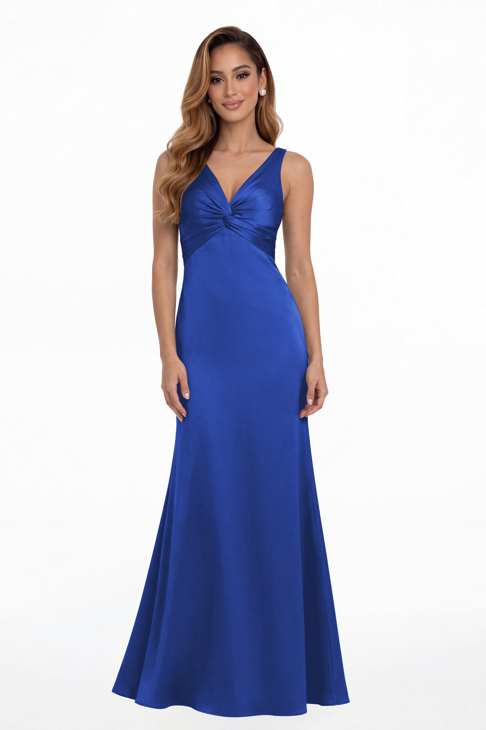 Royal Blue V Neck Twist Satin A Line Maxi Gown - Front View