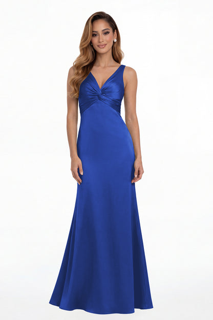 Royal Blue V Neck Twist Satin A Line Maxi Gown - Front View