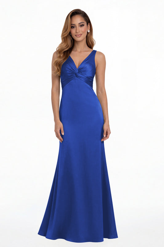 Royal Blue V Neck Twist Satin A Line Maxi Gown - Front View