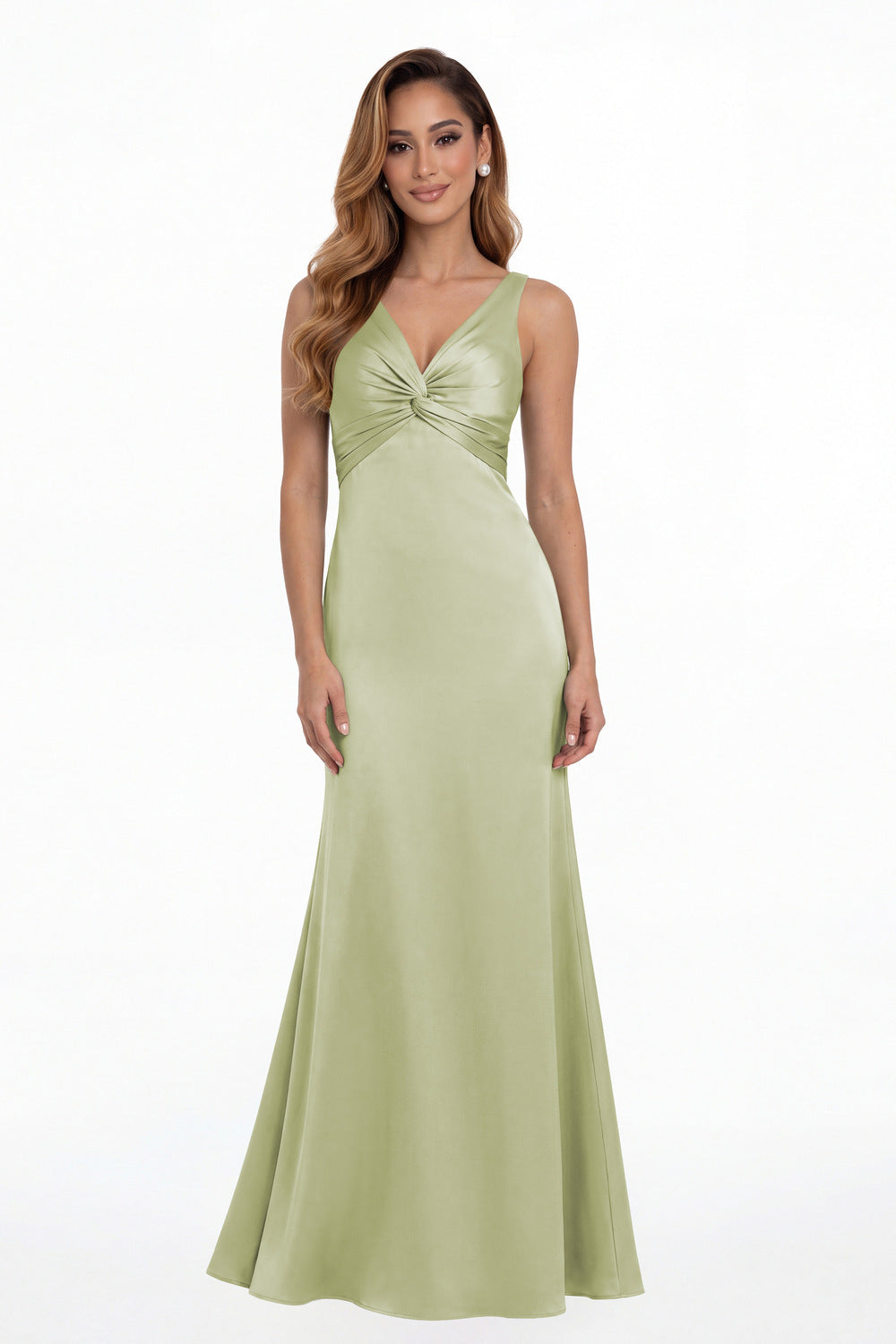 Sage Green V Neck Twist Satin A Line Maxi Gown - Front View