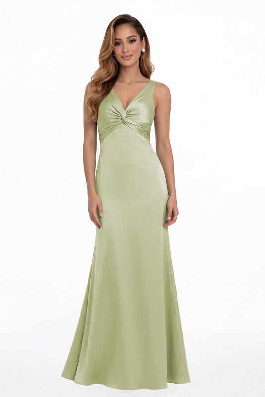 Sage Green V Neck Twist Satin A Line Maxi Gown - Front View