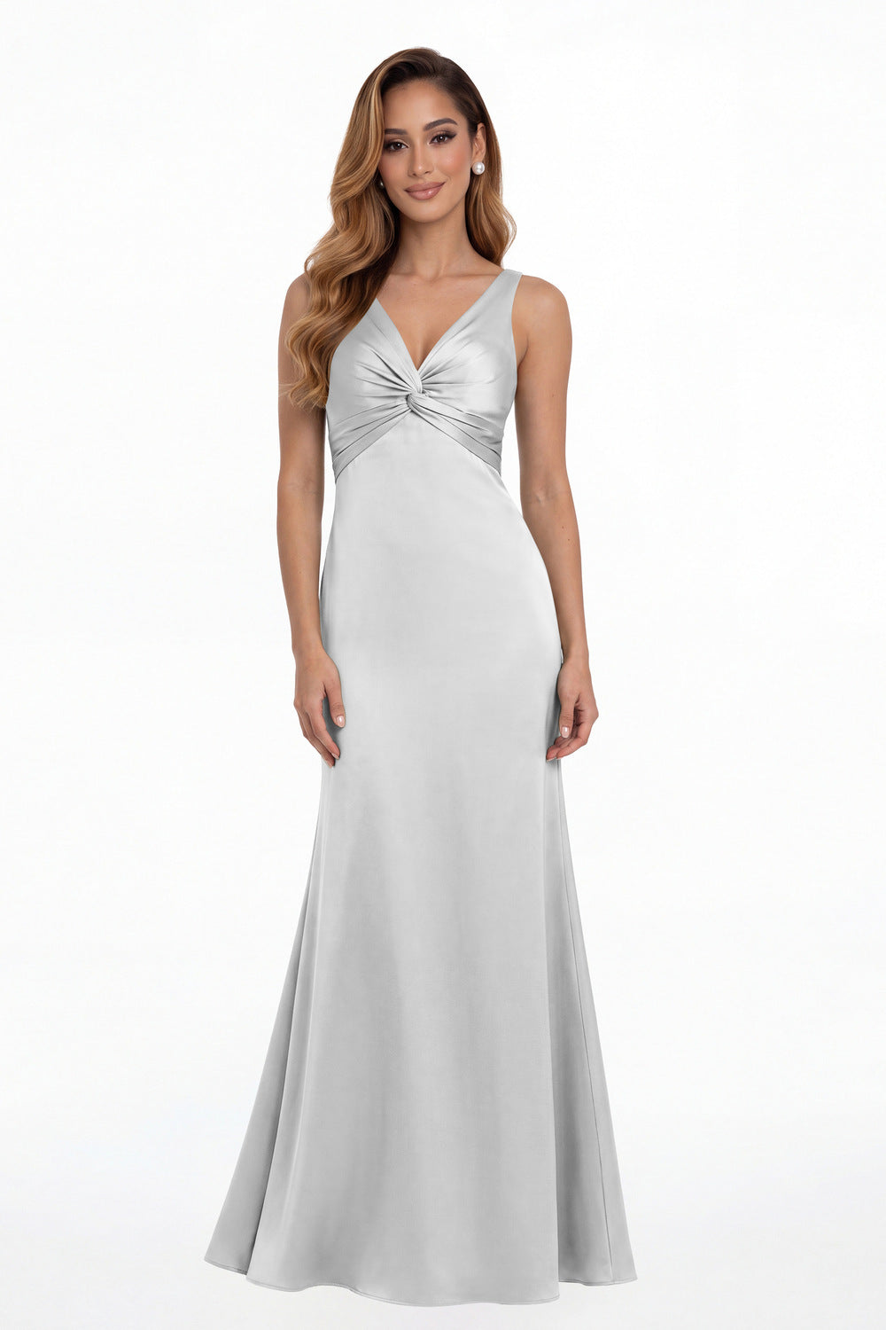 Silver V Neck Twist Satin A Line Maxi Gown - Front View