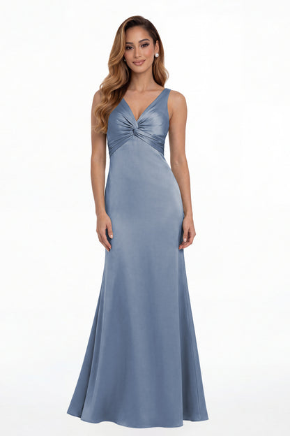 Steel Blue V Neck Twist Satin A Line Maxi Gown - Front View