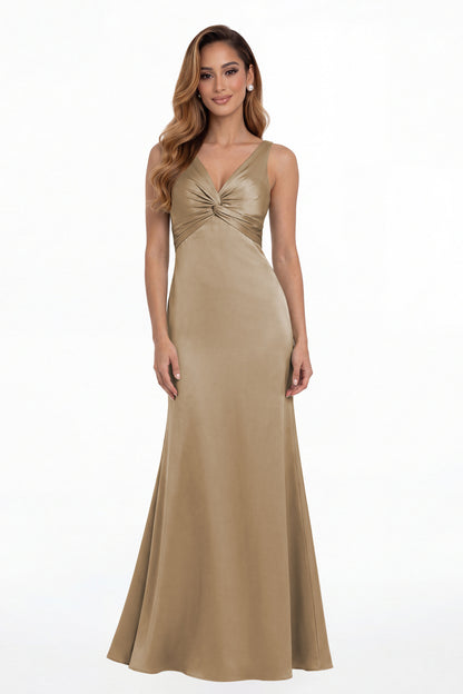 Taupe V Neck Twist Satin A Line Maxi Gown - Front View