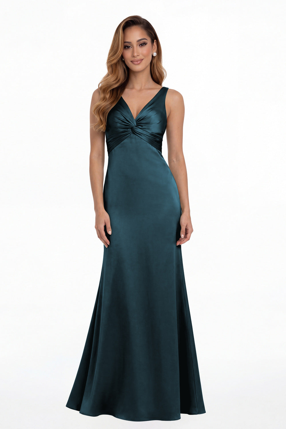 Teal V Neck Twist Satin A Line Maxi Gown - Front View