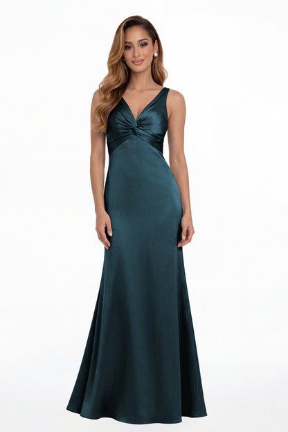 Teal V Neck Twist Satin A Line Maxi Gown - Front View