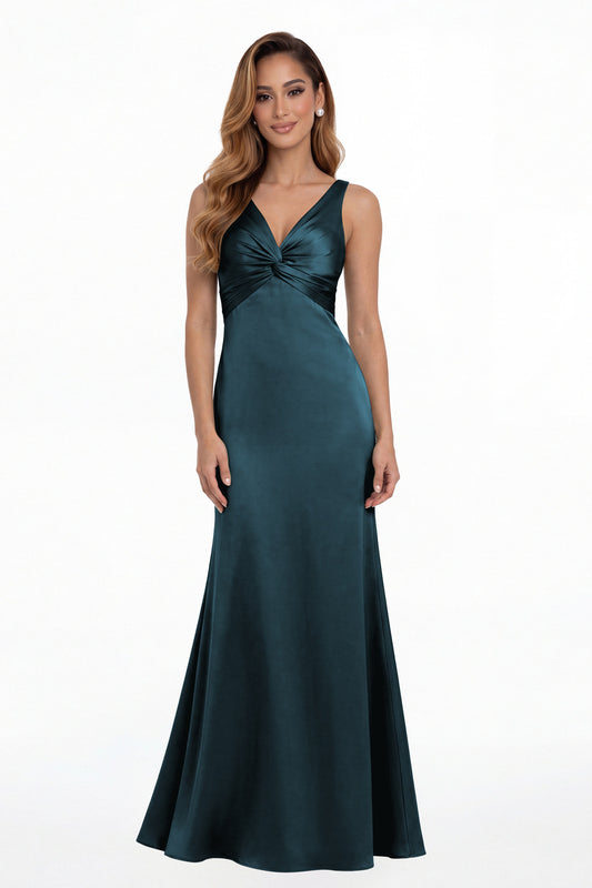 Teal V Neck Twist Satin A Line Maxi Gown - Front View
