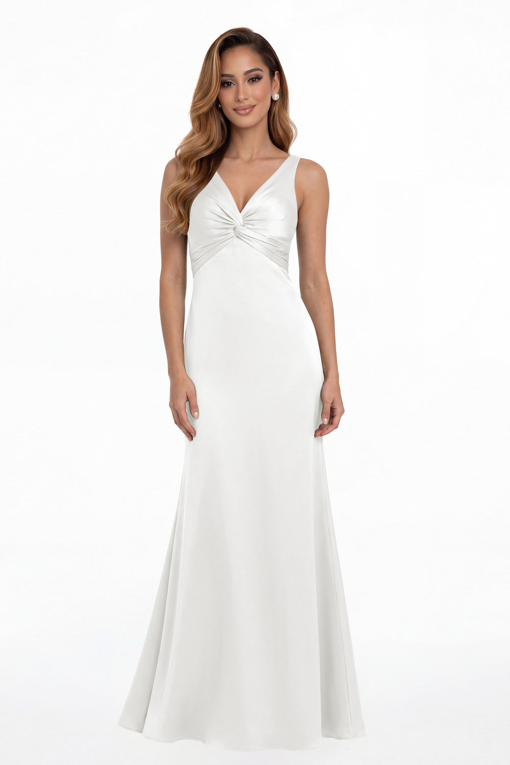 White V Neck Twist Satin A Line Maxi Gown - Front View
