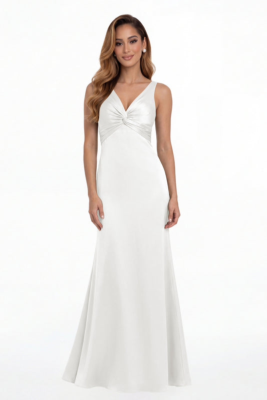 White V Neck Twist Satin A Line Maxi Gown - Front View