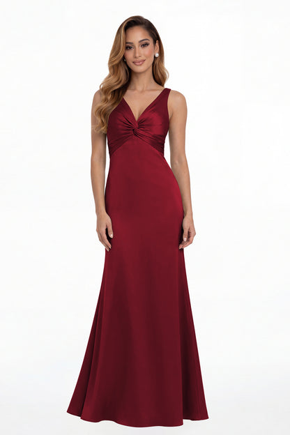 Wine Red V Neck Twist Satin A Line Maxi Gown - Front View