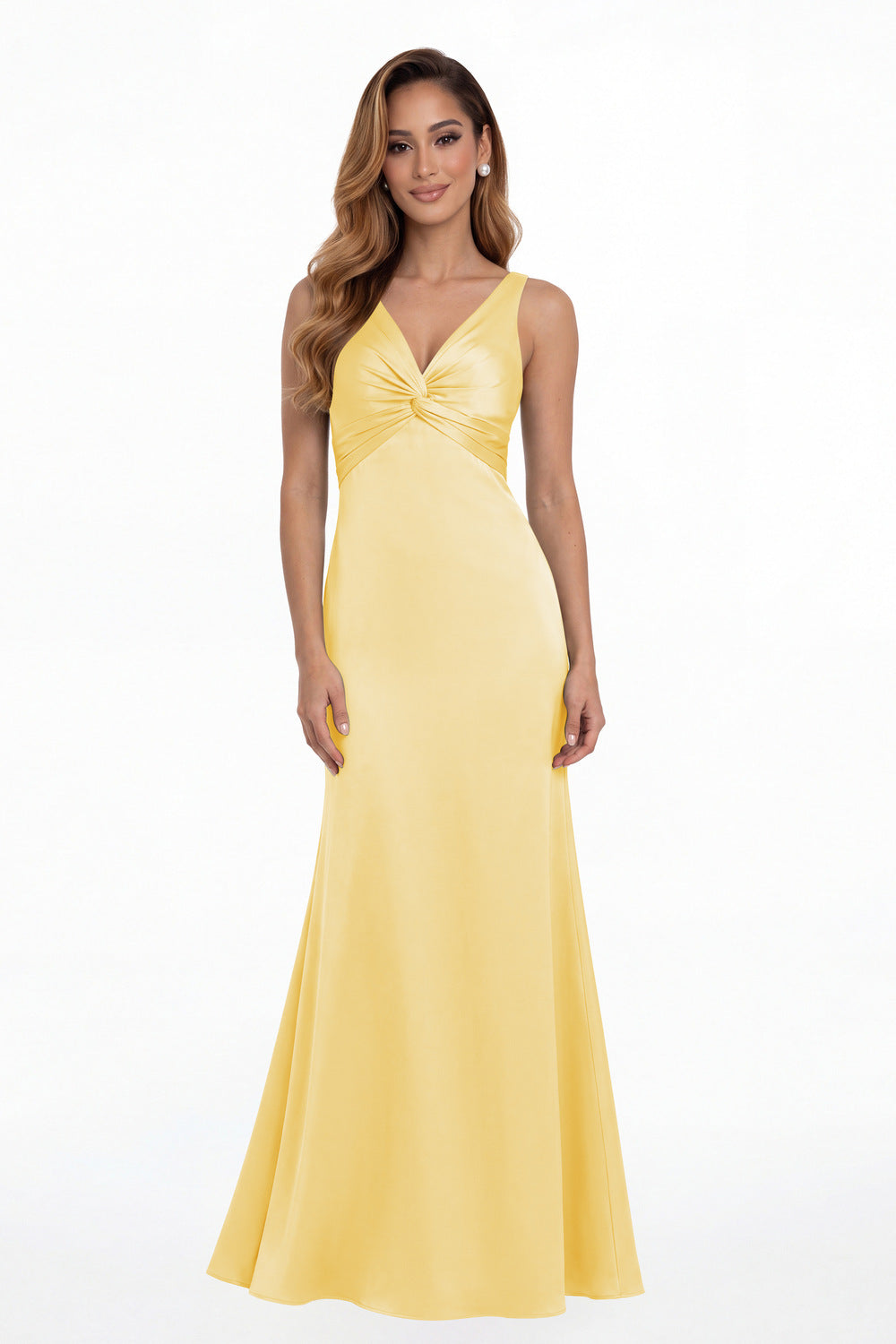 Yellow V Neck Twist Satin A Line Maxi Gown - Front View