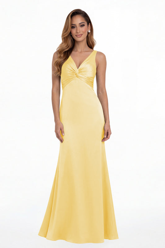 Yellow V Neck Twist Satin A Line Maxi Gown - Front View