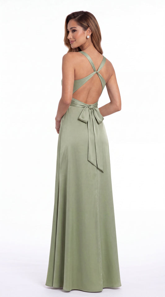 Black V Neck Twist Satin A Line Maxi Gown - Front View